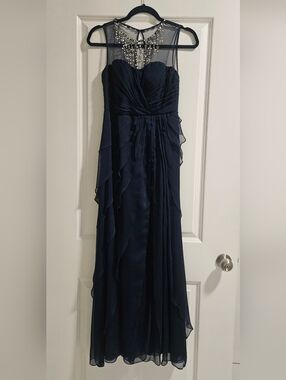 Adrianna Papell Navy Strapless Chiffon Ruffled Evening Gown